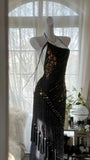Elegance and mystery halterneck off-shoulder black fringe beaded chiffon prom dress HZ1022
