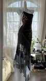 Elegance and mystery halterneck off-shoulder black fringe beaded chiffon prom dress HZ1022
