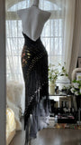 Elegance and mystery halterneck off-shoulder black fringe beaded chiffon prom dress HZ1022