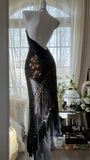 Elegance and mystery halterneck off-shoulder black fringe beaded chiffon prom dress HZ1022