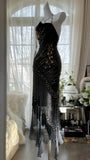 Elegance and mystery halterneck off-shoulder black fringe beaded chiffon prom dress HZ1022