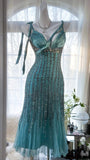 Elegant Blue V-Neck Beaded Tassel Chiffon Prom Dress HZ1022