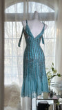 Elegant Blue V-Neck Beaded Tassel Chiffon Prom Dress HZ1022