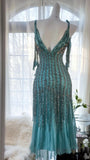 Elegant Blue V-Neck Beaded Tassel Chiffon Prom Dress HZ1022