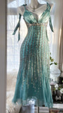 Elegant Blue V-Neck Beaded Tassel Chiffon Prom Dress HZ1022