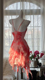 Gorgeous Grapefruit Beaded Chiffon Irregular Hem Short Prom Dress HZ1022