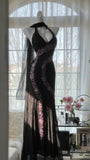 Vintage Black Pink Diamond Halter Neck Chiffon Mermaid Evening Gown Prom Dress HZ1022