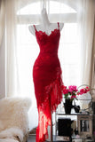 Sexy Red Lace Slanted Skirt Prom Dress HZ1022