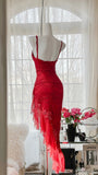 Sexy Red Lace Slanted Skirt Prom Dress HZ1022