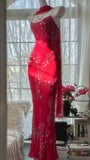 Shiny Beaded Red Mermaid Chiffon Evening Gown Prom Dress HZ1022