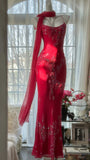 Shiny Beaded Red Mermaid Chiffon Evening Gown Prom Dress HZ1022