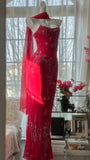 Shiny Beaded Red Mermaid Chiffon Evening Gown Prom Dress HZ1022
