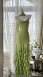 Fresh Green Simple Chiffon Ruffle Skirt Prom Dress HZ1022