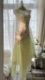 Flowing Grass Green Beaded Chiffon Irregular Hem Prom Dress HZ1022
