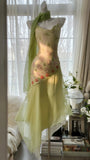 Flowing Grass Green Beaded Chiffon Irregular Hem Prom Dress HZ1022