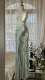Elegant Clear Green Shoulder Strap Ruffled Beaded Chiffon Prom Dress HZ1022