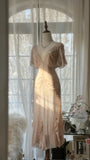Elegant Pink V-neck Short-sleeved Chiffon Flowing Prom Dress HZ1022