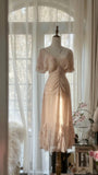 Elegant Pink V-neck Short-sleeved Chiffon Flowing Prom Dress HZ1022