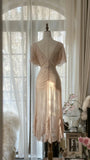 Elegant Pink V-neck Short-sleeved Chiffon Flowing Prom Dress HZ1022