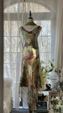 Vintage Green Oil Painting Chiffon Print Irregular Skirt Prom Dress HZ1022