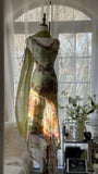 Vintage Green Oil Painting Chiffon Print Irregular Skirt Prom Dress HZ1022