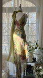 Vintage Green Oil Painting Chiffon Print Irregular Skirt Prom Dress HZ1022