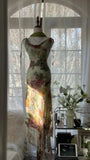 Vintage Green Oil Painting Chiffon Print Irregular Skirt Prom Dress HZ1022