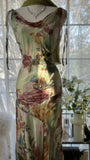Vintage Green Oil Painting Chiffon Print Irregular Skirt Prom Dress HZ1022