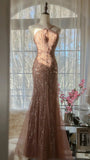Shiny Pink Beaded Chiffon Mermaid Princess Long Prom Dress HZ1022