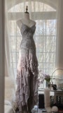 Charming Purple Beaded Short Front And Long Back Ruffled Chiffon Skirt Prom Dress HZ1022