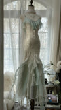 Beautiful Light Blue V-neck Ruffled Beaded Chiffon Mermaid Long Prom Dress HZ1022