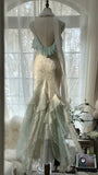 Beautiful Light Blue V-neck Ruffled Beaded Chiffon Mermaid Long Prom Dress HZ1022