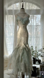 Beautiful Light Blue V-neck Ruffled Beaded Chiffon Mermaid Long Prom Dress HZ1022