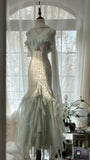 Beautiful Light Blue V-neck Ruffled Beaded Chiffon Mermaid Long Prom Dress HZ1022