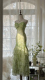 Fresh Green Beaded Mermaid Cake Skirt Prom Dress HZ1022