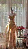 Vintage Gorgeous Gold Strapless Printed Mermaid Long Prom Dress HZ1022