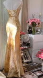 Vintage Gorgeous Gold Strapless Printed Mermaid Long Prom Dress HZ1022