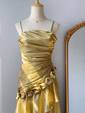 Elegant Yellow Strap Pleated 3D Flower Satin Long Prom Dress HZ1022