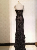 Sexy Black Tulle Rose Strap Mermaid Long Prom Dress HZ1022