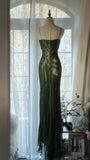 Vintage Dark Green Strapless Beaded Chiffon Mermaid Long Prom Dress HZ1022
