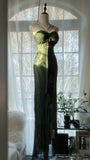 Vintage Dark Green Strapless Beaded Chiffon Mermaid Long Prom Dress HZ1022