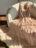 Shiny Princess Pink V-neck Sequined Backless Mermaid Long Prom Dress HZ1022