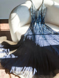 Vintage Navy Blue Shiny Sequin Strap Chiffon Long Prom Dress HZ1022