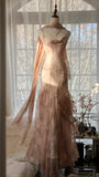 Cute Pink Shoulder Strap Flowing Ribbon Chiffon Beaded Long Prom Dress HZ1022