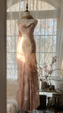 Cute Pink Shoulder Strap Flowing Ribbon Chiffon Beaded Long Prom Dress HZ1022