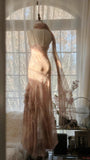 Cute Pink Shoulder Strap Flowing Ribbon Chiffon Beaded Long Prom Dress HZ1022
