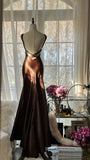 Simple and Elegant Brown Backless Satin Mermaid Long Prom Dress HZ1022