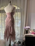 Cute Cherry Blossom Pink Beaded Chiffon Irregular Hem Prom Dress HZ1022