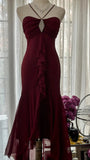 Stunning Burgundy Strapless Chiffon Mermaid Long Prom Dress HZ1022