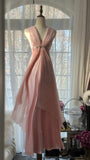 Elegant Pink Chiffon V-Neck Simple Long Prom Dress HZ1022
